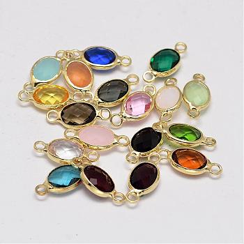 Oval Faceted Golden Brass Glass Links connectors, Mixed Color, 15x7x3.2mm, Hole: 1mm