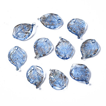Handmade Lampwork Pendant, with Glitter Powder, Leaf, Cornflower Blue, 22~23x14~15x5mm, Hole: 1~1.5mm