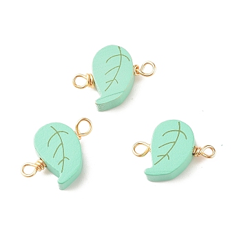 Spray Painted Wood Connector Charms, with Golden Tone Copper Wire Loops, Leaf, Aquamarine, 25~26.5x20x7~7.5mm, Hole: 2.5~3.5mm