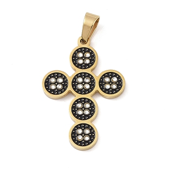 Ion Plating(IP) 304 Stainless Steel Enamel Rhinestone Pendants, Cross Charms, Real 18K Gold Plated, 33.5x23x2.5mm, Hole: 6x4mm