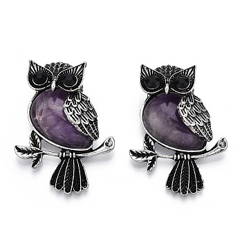 Natural Amethyst Pendants, Antique Silver Plated Owl Charms with Blak Glass, Owl, 45x33.5x19mm, Hole: 8x9.5mm