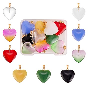 27Pcs 9 Colors Glass Pendants, with Brass Findings, for Jewelry Necklace Earring Bracelet Making Gifts Crafts, Heart, Colorful, 22x20mm, Hole: 5x2mm, 3pcs/color