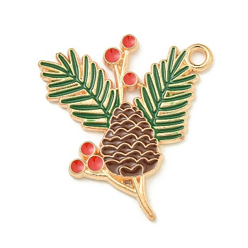 Christmas Theme Alloy Enamel Pendants, Light Gold, Pine Cone, 30x27x2mm, Hole: 2.2mm