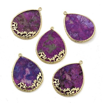 Natural White Jade Imitation Sugilite Pendants, Dyed Teardrop Charms with Rack Plating Golden Plated Brass Findings, 37x27.5x4mm, Hole: 1.6mm