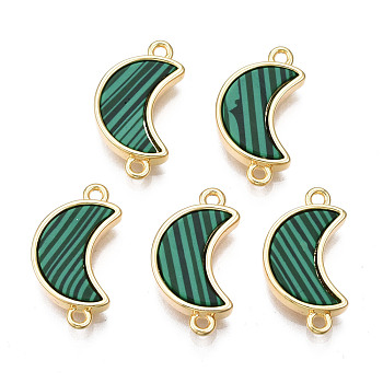 Brass Connector Charms, with Synthetic Malachite, Cadmium Free & Nickel Free & Lead Free, Real 18K Gold Plated, Moon, Sea Green, 18x10x3mm, Hole: 1.2mm