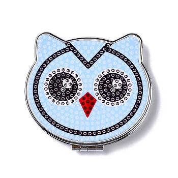 DIY Owl Special Shaped Diamond Painting Mini Makeup Mirror Kits, Foldable Two Sides Vanity Mirrors, with Rhinestone, Pen, Plastic Tray and Drilling Mud, Light Sky Blue, 74x80x12.5mm