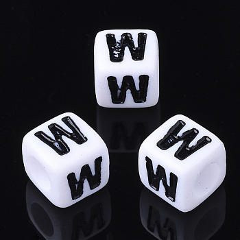Acrylic Horizontal Hole Letter Beads, Cube, White, Letter W, Size: about 7mm wide, 7mm long, 7mm high, hole: 3.5mm, about 200pcs/50g