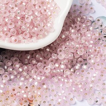 8/0 Glass Seed Beads, Frosted, Silver Lined, Round, Pink, 3x2mm, Hole: 1mm