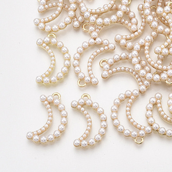 ABS Plastic Imitation Pearl Pendants, with Alloy Findings, Moon, Light Gold, 21.5x13x3.5mm, Hole: 1.6mm