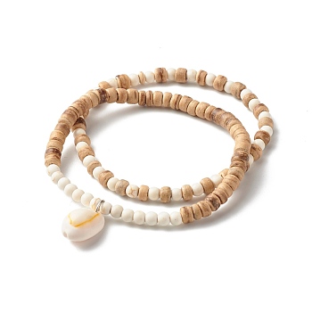 Energy Power Synthetic Turquoise(Dyed) Stretch Bracelets Set for Girl Women, Natural Coconut Rondelle Beads Bracelet with Cowrie Shell , Bisque, Inner Diameter: 2~2-1/4 inch(5.2~5.7cm), 2pcs/set
