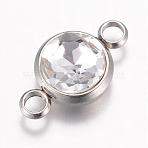 K9 Glass Links connectors, Faceted, with 304 Stainless Steel Findings, Flat Round, Stainless Steel Color, Crystal, 17.5x10x6.5mm, Hole: 2.5mm(GLAA-G017-P11)