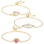 3Pcs 3 Styles Brass Slider Bracelet Sets, Alloy Heart Charm Adjustable Bracelets for Women, Golden, 4-7/8 inch(12.5cm), 1pc/style(BJEW-GA00001)