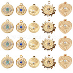 10Pcs 5 Styles 304 Stainless Steel Pendants, with Rhinestone, Flat Round with Eye & Heart, Real 18K Gold Plated, 13.5~21x12.5~18x2.5~3mm, Hole: 1.2~1.6mm, 2pcs/style(STAS-SC0009-40)