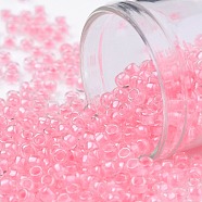 TOHO Round Seed Beads, Japanese Seed Beads, (379) Cotton Candy Pink Lined Crystal, 8/0, 3mm, Hole: 1mm, about 222pcs/bottle, 10g/bottle(SEED-JPTR08-0379)