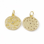 Brass Micro Pave Cubic Zirconia Pendants, with Glass Rhinestone & Jump Ring, Real 18K Gold Plated, Flat Round with Sun & Moon Charm, Clear, 15x14x2mm, Hole: 3.5mm(KK-E068-VC008)
