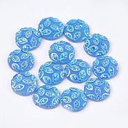 Resin Cabochons, Flat Round with Flower, Cornflower Blue, 12x3~3.5mm(CRES-T012-03G)