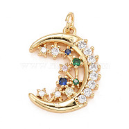Eco-Friendly Brass Micro Pave Cubic Zirconia Pendants, with Jump Ring, Long-Lasting Plated, Lead Free & Cadmium Free, Moon, Real 24K Gold Plated, 21.5x17x3mm, Jump Ring: 5x1mm, 3mm inner diameter(KK-M225-19G)