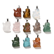 Natural & Synthetic Mixed Gemstone Pendants, Cat Shape Charms with Platinum Plated Iron Snap on Bails, 28~29x19~21x9~11.5mm, Hole: 7x3.5mm(G-M424-03P)