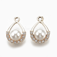 Alloy Pendants, with Rhinestone and ABS Plastic Imitation Pearl, teardrop, Crystal, Creamy White, Light Gold, 20x14x8.5mm, Hole: 1.5mm(PALLOY-S065-11)