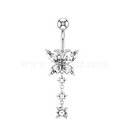 Piercing Jewelry, Brass Cubic Zirconia Navel Ring, Belly Rings, with 304 Stainless Steel Bar, Butterfly, Stainless Steel Color, 43x12.5mm, Pin: 1.6mm(BUER-PW0001-028B)