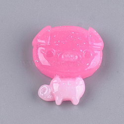 Resin Cabochons, with Glitter Powder, Cartoon Piggy Findings, Deep Pink, 20x17x6mm(CRES-T010-46A)
