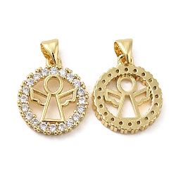 Rack Plating Brass Micro Pave Clear Cubic Zirconia Pendants, Long-Lasting Plated, Cadmium Free & Lead Free, Flat Round with Angel Charm, Real 18K Gold Plated, 17x15x2.5mm, Hole: 4x3.5mm(KK-Q784-19G)