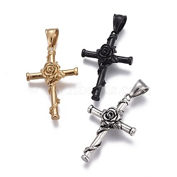 304 Stainless Steel Pendants, Cross with Rose, Mixed Color, 40~40.5x25x8mm, Hole: 5x8.5mm(STAS-O120-02)