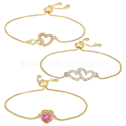 3Pcs 3 Styles Brass Slider Bracelet Sets, Alloy Heart Charm Adjustable Bracelets for Women, Golden, 4-7/8 inch(12.5cm), 1pc/style(BJEW-GA00001)