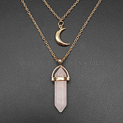 Natural Rose Quartz Cone Pendant Double Layer Necklace, with Moon Charms, 19.69 inch(50cm)(UX9990-30)