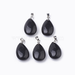 Natural Obsidian Gemstone Pendants, with Platinum Tone Brass Findings, teardrop, 23.5x15x8mm, Hole: 4x4mm(G-S299-35)