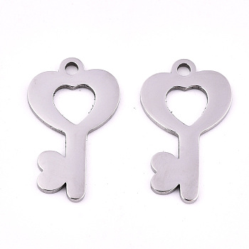 201 Stainless Steel Pendants, Laser Cut, Heart Key, Stainless Steel Color, 19.5x11.5x0.9mm, Hole: 1.6mm