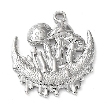 Non-Tarnish 304 Stainless Steel Pendants, Moon with Mushroom Charm, Stainless Steel Color, 28x24.5x3mm, Hole: 2mm