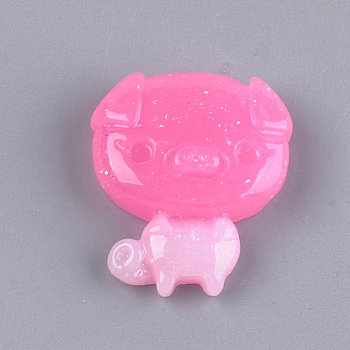 Resin Cabochons, with Glitter Powder, Cartoon Piggy Findings, Deep Pink, 20x17x6mm