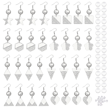 16 Pairs 8 Styles Blank Glass Dome Dangle Earrings, Rhombus & Flower & Hexagon & Triangle 304 Stainless Steel Drop Earrings for Women, Stainless Steel Color, 56~69mm, Pin: 0.6mm, 2 Pairs/style