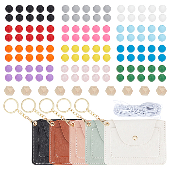WADORN DIY Keychain Making Kit, Including PU Leather Wallets Charms with Iron & Alloy Keychain, Silicone & Wooden Beads, Mixed Color