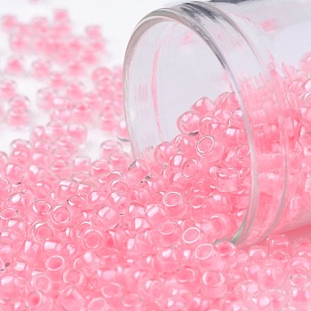 TOHO Round Seed Beads, Japanese Seed Beads, (379) Cotton Candy Pink Lined Crystal, 8/0, 3mm, Hole: 1mm, about 222pcs/bottle, 10g/bottle