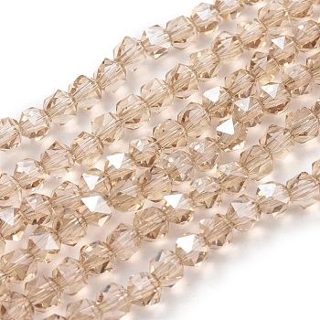Electroplate Glass Beads Strands, Pearl Luster Plated, Faceted, Round, Bisque, 6x6x5mm, Hole: 1.2mm , about 100pcs/strand, 19.3 inch(49cm)