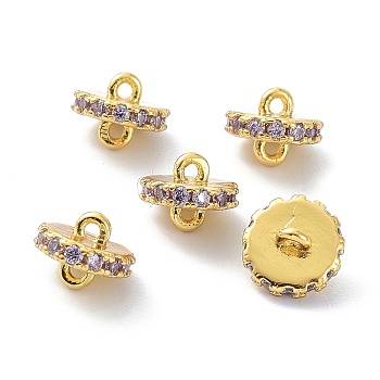Eco-Friendly Brass Links Connectors, with Cubic Zirconia, Long-Lasting Plated, Real 18K Gold Plated, Flat Round, Lavender, 7x5.5mm, Hole: 1mm