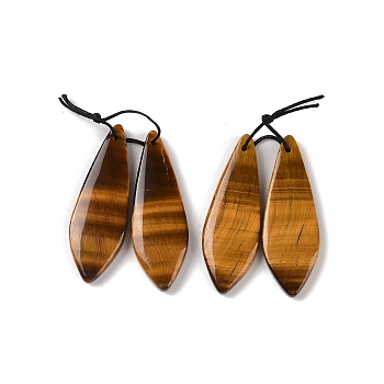 2Pcs Natural Tiger Eye Pendants, Gems Charms, Teardrop, 38x13x4mm, Hole: 1mm