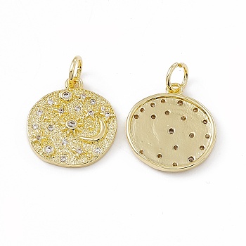 Brass Micro Pave Cubic Zirconia Pendants, with Glass Rhinestone & Jump Ring, Real 18K Gold Plated, Flat Round with Sun & Moon Charm, Clear, 15x14x2mm, Hole: 3.5mm