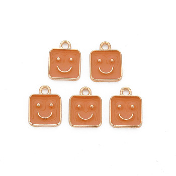 Alloy Enamel Charms, Cadmium Free & Lead Free, Light Gold, Square with Smile, Chocolate, 13x10x1.5mm, Hole: 1.6mm