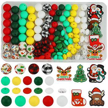 111Pcs 24 Styles Christmas Series Silicone Beads, with 10Pcs Alloy Rhinestone Spacer Beads, Mixed Color, Mixed Shapes, 10~30.5x10~30.5x3.5~15mm, Hole: 2mm