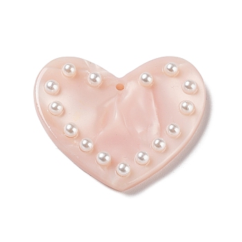 Acrylic Pendant, with Plastic Pearl, Heart, Pink, 25x30x4mm, Hole: 1.4mm