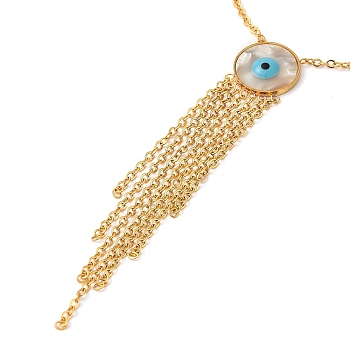 Natural Shell Enamel Evil Eye Lariat Necklace, 304 Stainless Steel Chains Tassel Necklace, Golden, 16.65 inch(42.3cm)