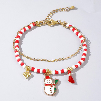 Christmas Glass Multi-Strand Bracelets, Metal Christmas Pendant Bracelets, Snowman, 6-1/2 inch(16.5cm)