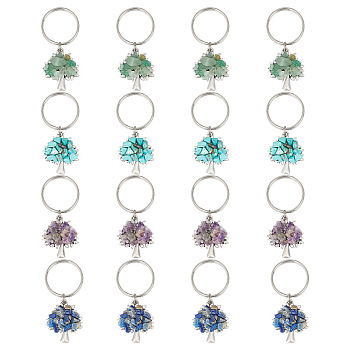 16Pcs 4 Style Chip Gemstone Keychain, with Antique Silver Plated Alloy Pendants and 316 Surgical Stainless Steel Split Key Rings, Tree, 55mm, 4pcs/style