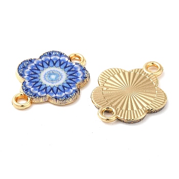 Printed Alloy Enamel Connector Charms, Flower Links, Light Gold, Cornflower Blue, 14x18x1.5mm, Hole: 1.5mm
