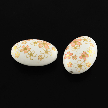 Flower Pattern Opaque Printed Acrylic Beads, Oval, White, 29x20x10mm, Hole: 2mm