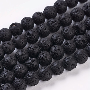 Natural Lava Rock Beads Strands, Round, Black, 6mm