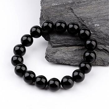 Natural Black Agate(Dyed) Round Beaded Stretch Bracelets, 58mm, about 17pcs/strand